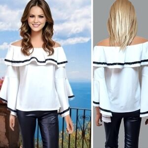 Marc Bouer Off-Shoulder White Blouse with Black Trim Size M